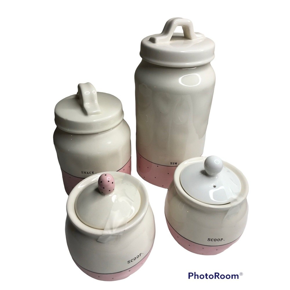 Rae Dunn Artisan By Magenta Pink Polka Dot SET of 4 Canisters Snack Jars‎  EUC